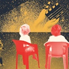 An illustration of a group of kids sitting in chairs and watching a movie on a projector
