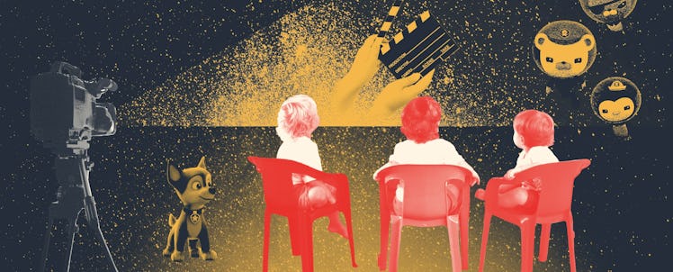 An illustration of a group of kids sitting in chairs and watching a movie on a projector