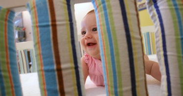 a baby is in a crib with a type of crib bumper