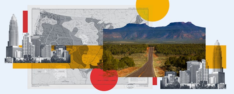 Land acknowledgment feature art of a road, skylines