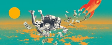 Man sky diving with dollar bills floating down