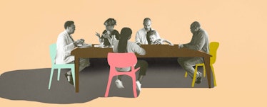 A photo illustration of a family having a conversation at the dinner table.