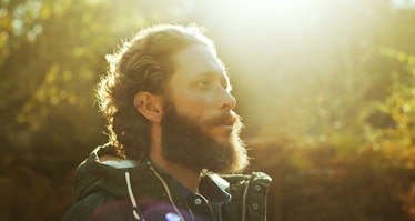 Man with beard in sunlit forest staring into the distance