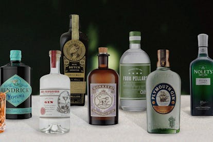 Seven gin bottles