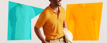 Man standing in a Great Knit Banana Republic Silk-Linen Sweater Polo shirt.