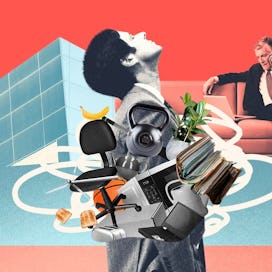 A man throwing his head back while office stationery circle him, and his boss sits on a couch making...
