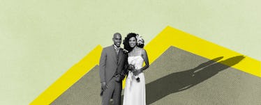 Happily married couple in suit and wedding dress standing near chart of divorce risk