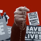A hand holding up a cross necklace, with a background of anti-abortion protest signs.