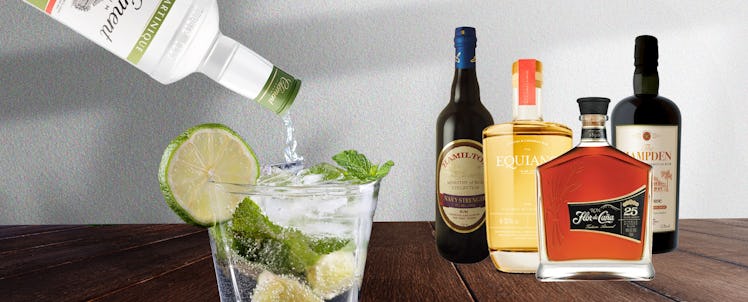 Collage of a mojito and a rum bottle