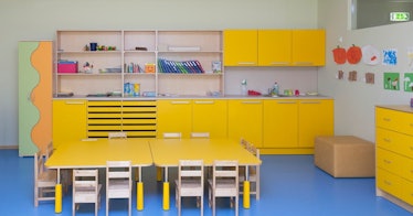 an empty classroom for child care age kids