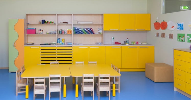 an empty classroom for child care age kids