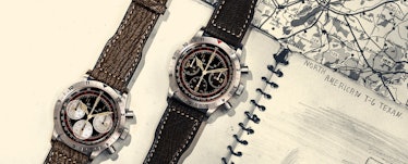Two Dan Henry 1945 Pilot Chronographs with retro dials, subdials in silver and black. One has a brow...