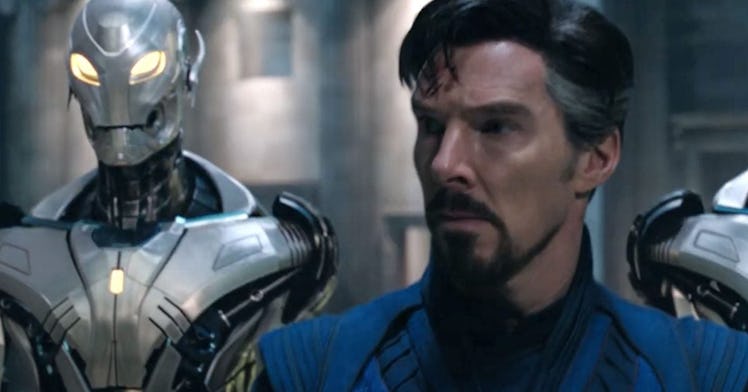 Benedict Cumberbatch as Doctor Strange between two versions of Ultron