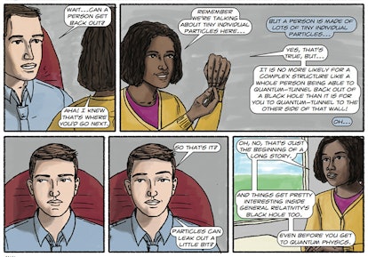 Panels from ‘The Dialogues,’ including a black female scientist.