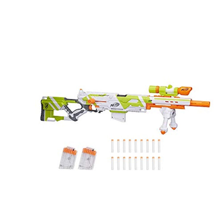 Longstrike Nerf Modulus Toy Blaster with Barrel Extension, Bipod, Scopes, 18 Modulus Elite Darts & 3...