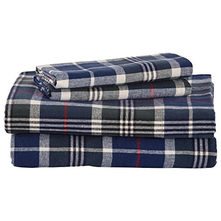 Stone & Beam Rustic Plaid 100% Cotton Flannel Yarn-Dyed Sheet Set, Easy Care, Queen, Blue and Green