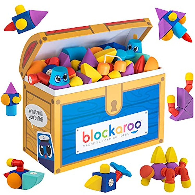 Blockaroo Magnetic Foam Building Blocks – 100 Piece Set with Toy Chest
