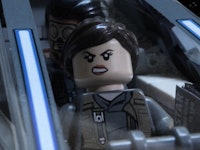 Jyn Erso's character with an angry facial expression in LEGO form in the final #GoRogue fan film