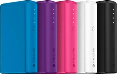 Five differently colored portable chargers