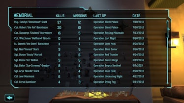 "XCOM" table presenting numbers of kills and missions per memorials