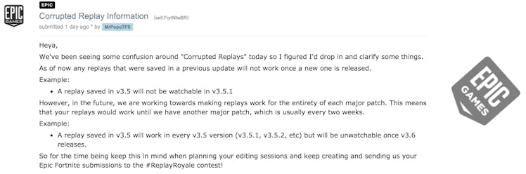 Fortnite replay system Reddit post