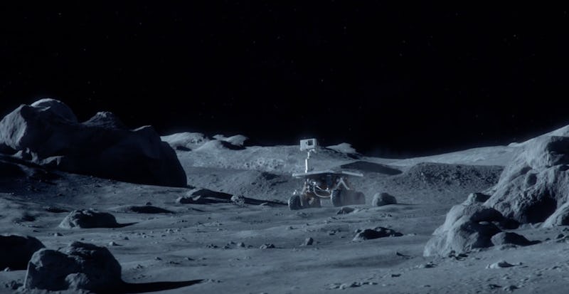 A scenery on the surface of the Moon with a white robot drone camera on it
