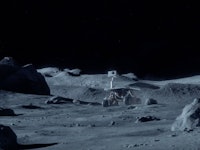 A scenery on the surface of the Moon with a white robot drone camera on it