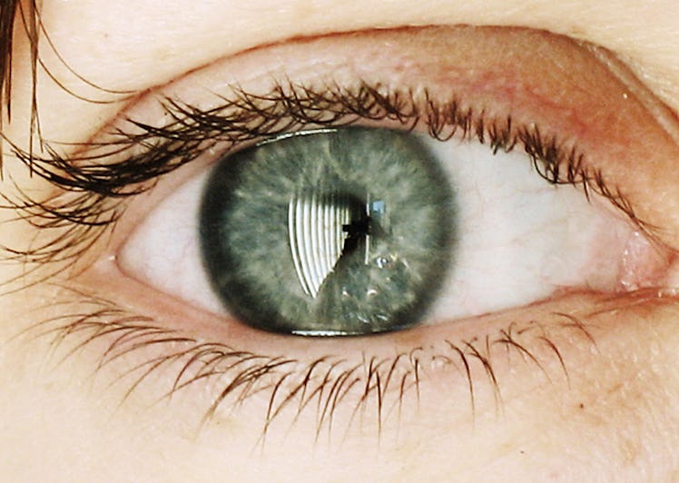 A close-up picture of a person's green eye.