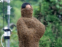 A person covered and surrounded by bees