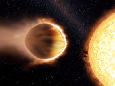 A digital illustration of a boiling planet that is so hot that it's boiling away into space