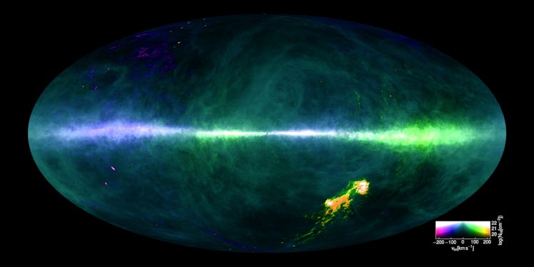 The image colors reflect gas at differing velocities. The plane of the Milky Way runs horizontally a...