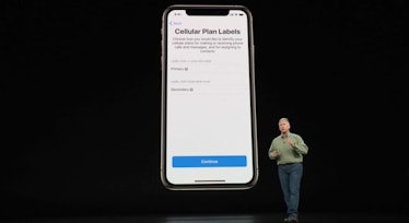 Schiller shows how cellular plan labels are labeled in the Settings menu of the new iPhone.