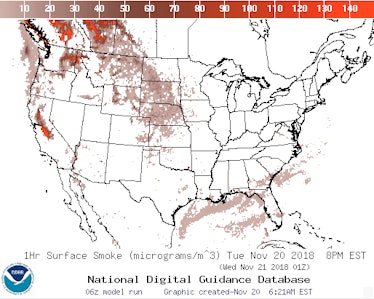 Predicted smoke concentrations at ground level across the continental United States on Nov. 20, 2018...