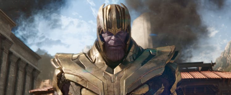 We see Thanos in his full armor at some point, presumably in a flashback.