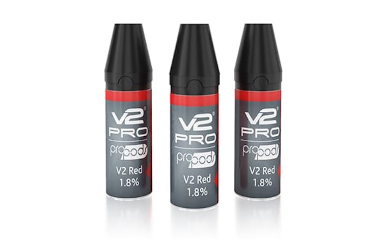 The V2 Red flavor is roughly the equivalent of Marlboro Reds in pre-packaged vape pods.
