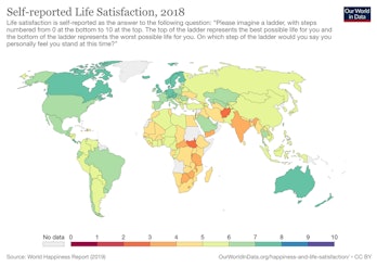 Self-reported life satisfaction, 2018.