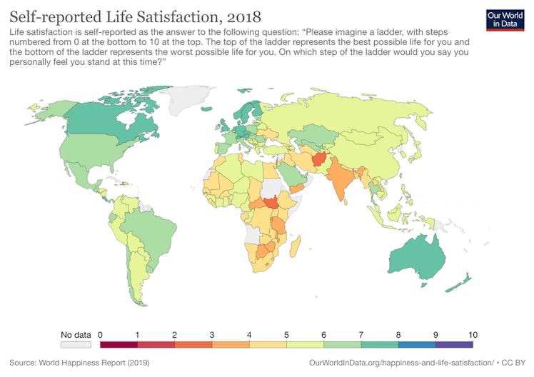 Self-reported life satisfaction, 2018.