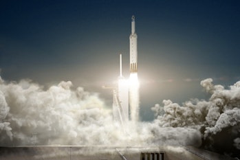 A rendering of the Falcon Heavy rocket carrying the Dragon 2 capsule off the launchpad.