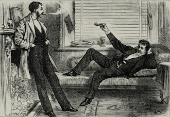 Black and white drawing of two men talking in a living room