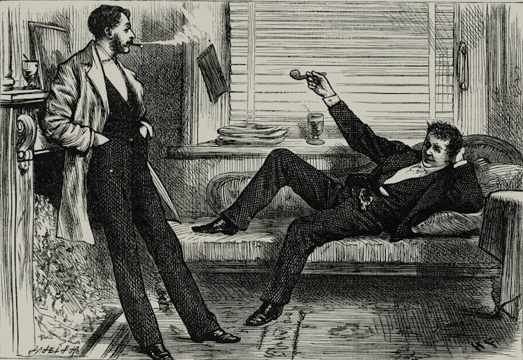 Black and white drawing of two men talking in a living room