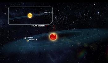 An illustration that shows Teegarden's star and the likely orbits of its two newfound planets (image...