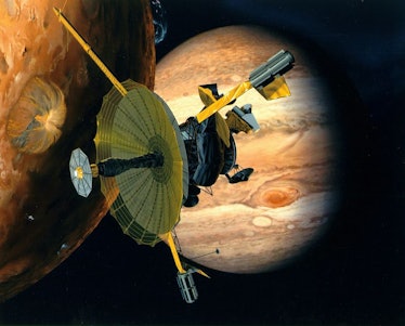 An illustration of Galileo near Jupiter and another of its moons, Io.