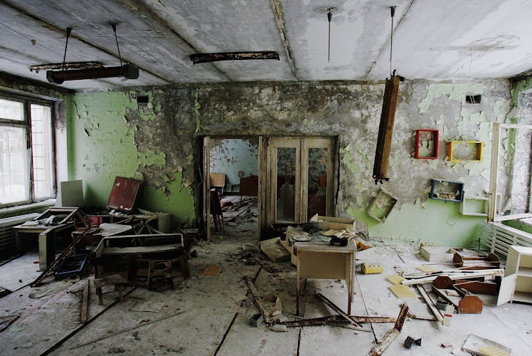 The remnants of an abandoned classroom in a pre-school in Pripyat