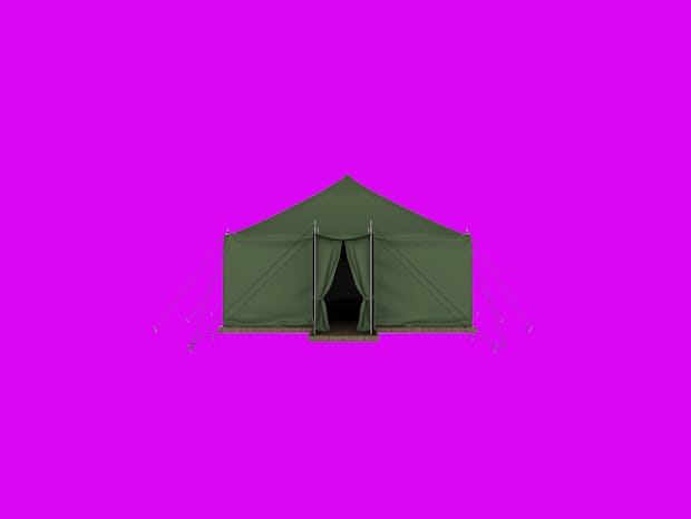 A green tent representing the three tentpole strategies to achieve low-stress personal finance