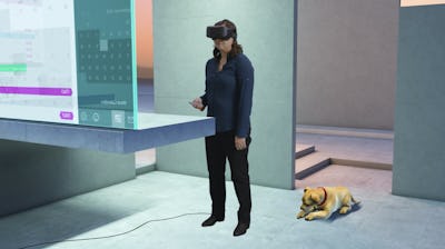 A woman trying Microsoft's HoloLens in a shop