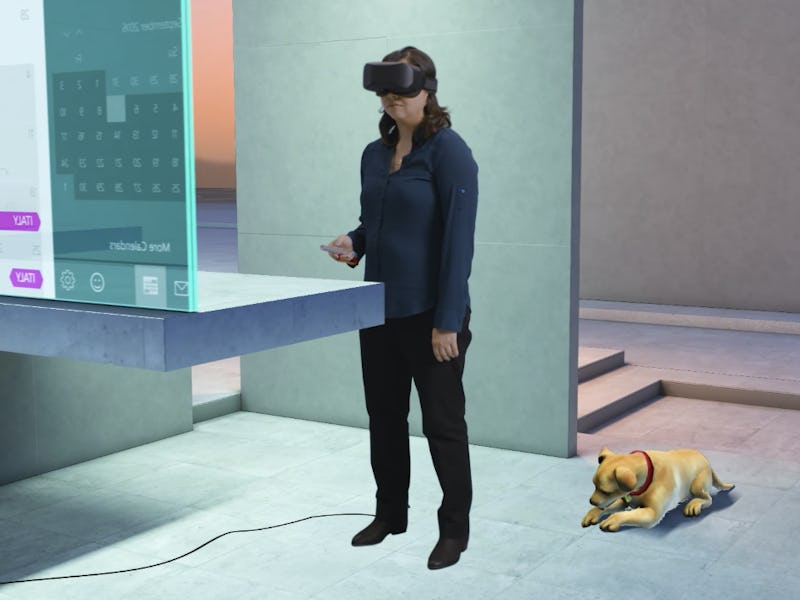 A woman trying Microsoft's HoloLens in a shop