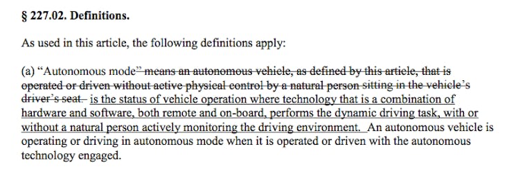 The CA DMV's new proposed regulations clearly define autonomous mode. 