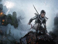 Art work from 'Rise of the Tomb Raider' showing lara croft crouching on a hill 