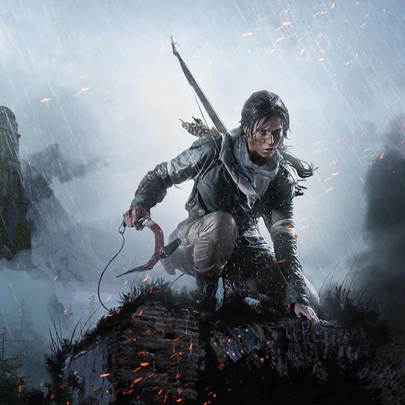 Art work from 'Rise of the Tomb Raider' showing lara croft crouching on a hill