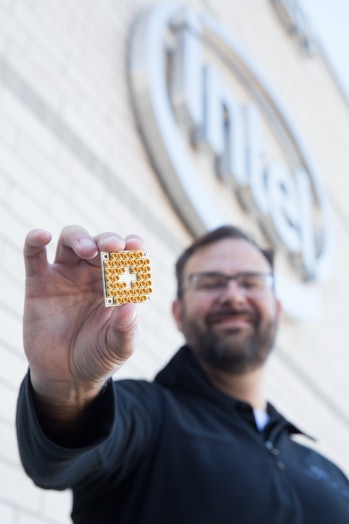 Intel’s director of quantum hardware, Jim Clarke, holds the new 17-qubit superconducting test chip.